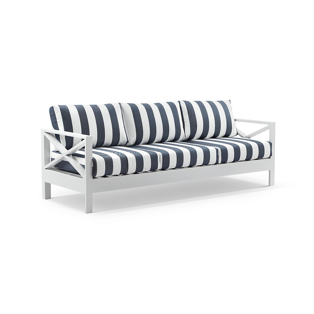"Montego Bay" Hamptons Style Outdoor Aluminium 4 Piece 3+1+1 Seater Lounge Setting, White with Navy & White Stripe Cushions (RRP $4999) - Image 2