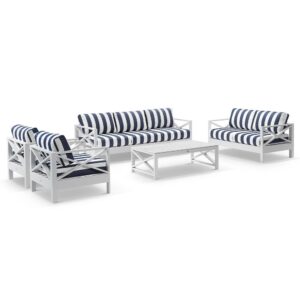 wp-image-tigress-41034.jpg "Montego Bay" Hamptons Style Outdoor Aluminium 5 Piece Lounge Setting, White with Navy & White Stripe Cushions (RRP $5999)
