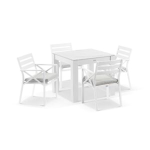 wp-image-tigress-41046.jpg "Montego Bay" Hamptons Style Outdoor Aluminium Square 5 Piece Dining Table Set, White with Olefin Hamptons Grey Cushions