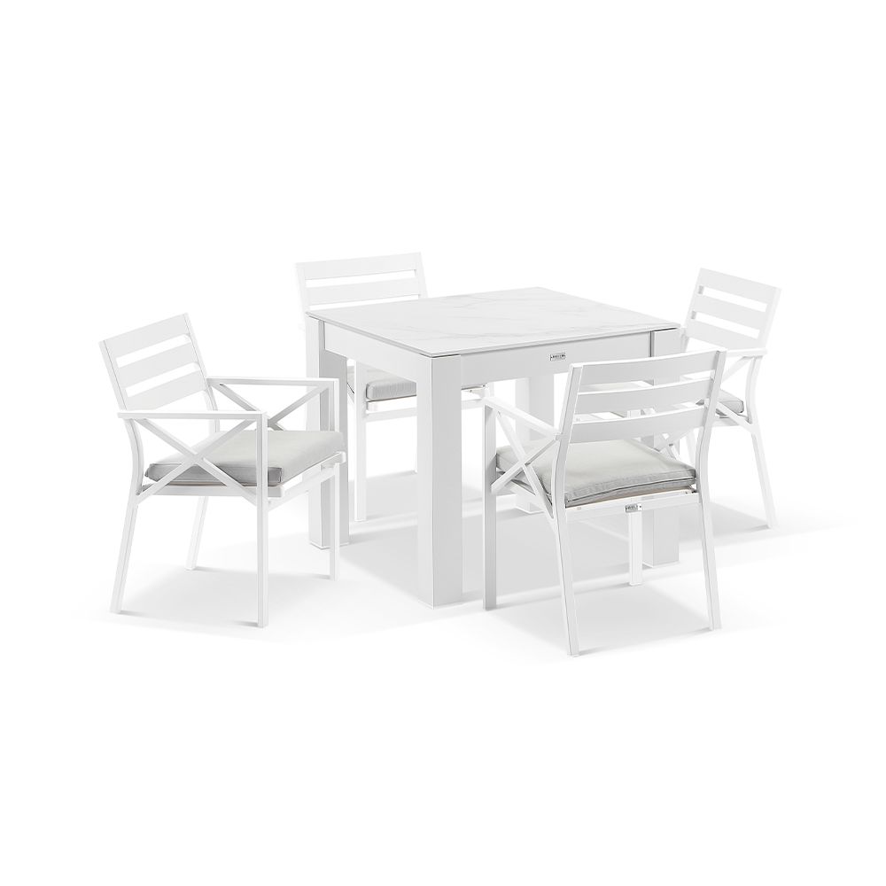 "Montego Bay" Hamptons Style Outdoor Aluminium Square 5 Piece Dining Table Set, White with Olefin Hamptons Grey Cushions