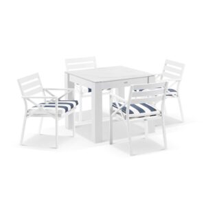 wp-image-tigress-41052.jpg "Montego Bay" Hamptons Style Outdoor Aluminium Square 5 Piece Dining Table Set, White with Olefin Navy & White Stripe Cushions (RRP $2299)