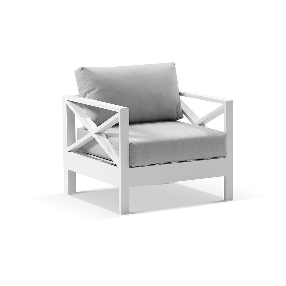 "Montego Bay" Hamptons Style Outdoor Aluminium 3 Piece Set, 2 x Armchairs White with Olefin Grey Cushions + Side Table (RRP $2199) - Image 2