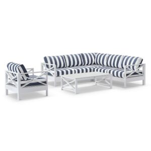 wp-image-tigress-41104.jpg "Montego Bay" Hamptons Style Outdoor Aluminium Modular Corner Lounge Package B, White with Navy & White Stripe Cushions (RRP $5499)