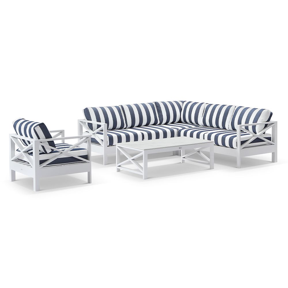 "Montego Bay" Hamptons Style Outdoor Aluminium Modular Corner Lounge Package B, White with Navy & White Stripe Cushions (RRP $5499)