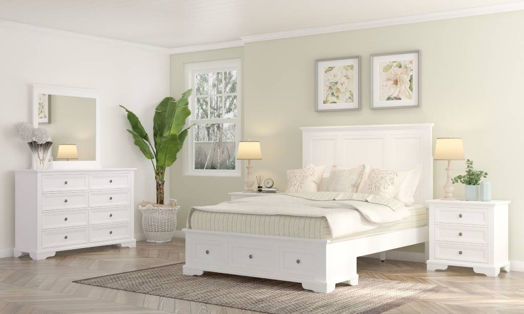 "Sophia" Hampton Style Hardwood Timber Queen Bed 5 Piece Dresser Package, White (RRP $4699)