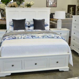 "Sophia" Hampton Style Hardwood Timber Queen Bed 4 Piece Tallboy Package, White (RRP $3999)
