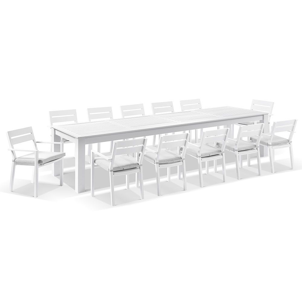 "Hawaii" Hamptons Resort Style Aluminium Dining Table 355cm x 102cm with 12 Hawaii Chairs, White (RRP $6499)