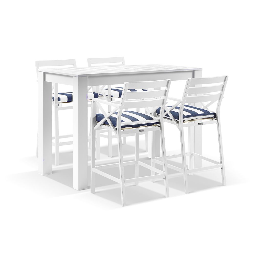 "Hawaii" Hamptons Style Outdoor White Aluminium Bar Setting 1.5m Table + 4 x Montego Bay Bar Stools, Blue & White Stripe Cushions (RRP $2799)