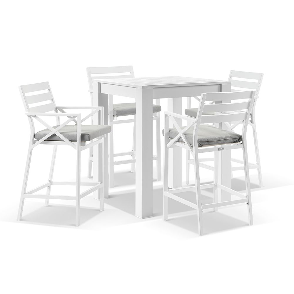 "Montego Bay" Hamptons Style Outdoor White Aluminium Bar Setting with 4 x Montego Bay Bar Stools, Olefin Grey Cushions
