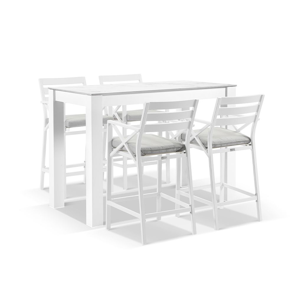 "Montego Bay" Hamptons Style Outdoor White Aluminium Bar Setting 1.5m Ceramic Top, 4 x Montego Bay Bar Stools with Olefin Grey Cushions