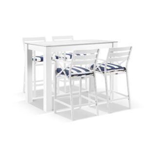 "Montego Bay" Hamptons Style Outdoor White Aluminium Bar Setting 1.5m Ceramic Top, 4 x Montego Bay Bar Stools with Navy & White Cushions (RRP $3099)