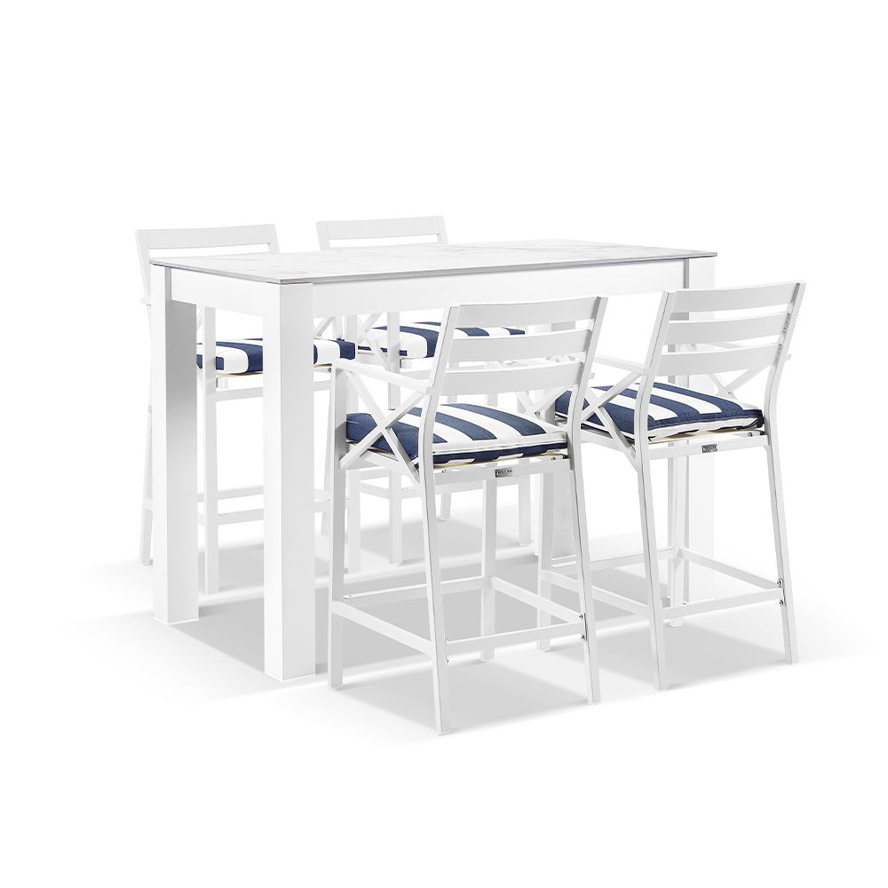 "Montego Bay" Hamptons Style Outdoor White Aluminium Bar Setting 1.5m Ceramic Top, 4 x Montego Bay Bar Stools with Navy & White Cushions (RRP $3099)