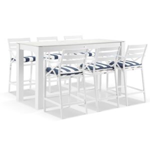 "Montego Bay" Hamptons Style Outdoor White Aluminium Bar Setting 2m Ceramic Top, 6 x Montego Bay Bar Stools with Navy & White Cushions (RRP $4190)