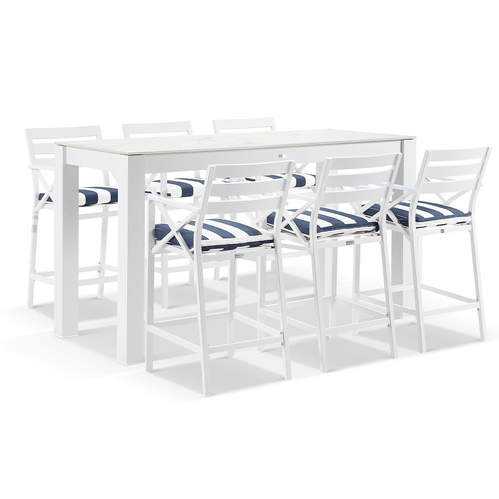 "Montego Bay" Hamptons Style Outdoor White Aluminium Bar Setting 2m Ceramic Top, 6 x Montego Bay Bar Stools with Navy & White Cushions (RRP $4190)