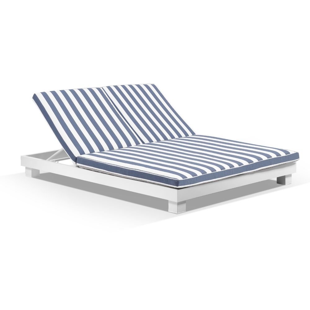 "Hawaii" Hamptons Style Double Aluminium Sun Lounge in White with Navy & White Stripe Cushions (RRP $2999)