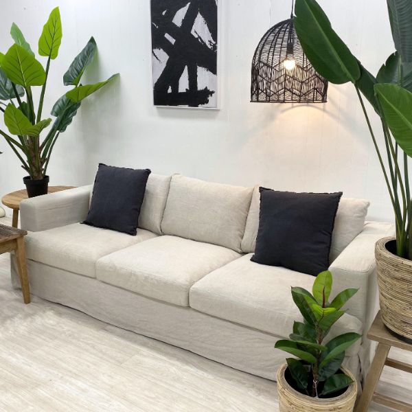 "Southampton" Hamptons Style Fabric 3 Seater Sofa Lounge Feather Filled with Removable Slip Covers, Linen (RRP $3499)