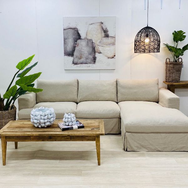 "Southampton" Hamptons Style Fabric 3 Seater Chaise Sofa Lounge Feather Filled with Removable Slip Covers, Linen (RRP $4499)