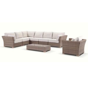 wp-image-tigress-41531.jpg "Coral" Hamptons Style Outdoor Wicker Corner Modular Lounge Setting with Armchair & Coffee Table, Wheat with Cream Cushions