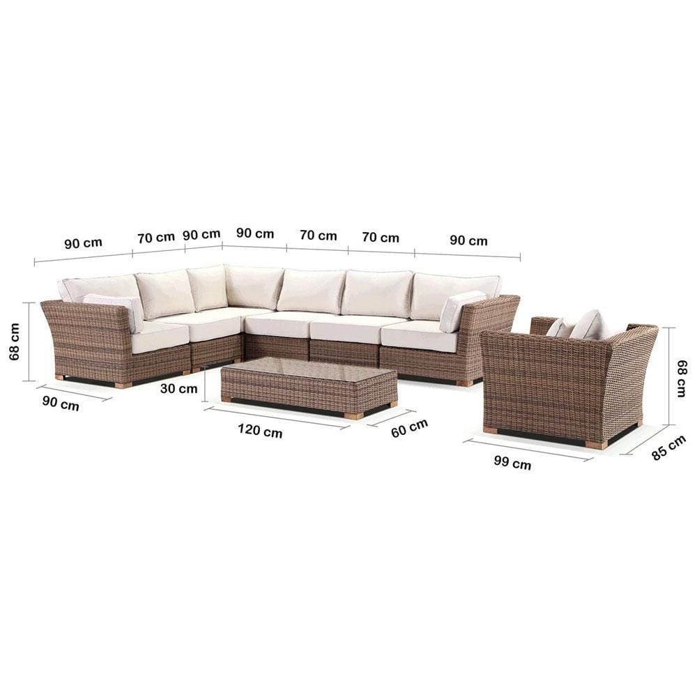 "Coral" Hamptons Style Outdoor Wicker Corner Modular Lounge Setting with Armchair & Coffee Table, Wheat with Cream Cushions - Image 2