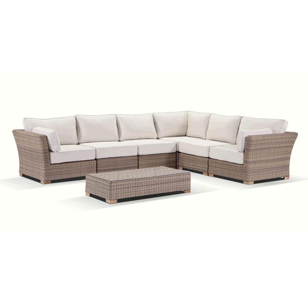 "Coral" Hamptons Style Outdoor Wicker Corner Modular Lounge Setting with Armchair & Coffee Table, Wheat with Cream Cushions - Image 3