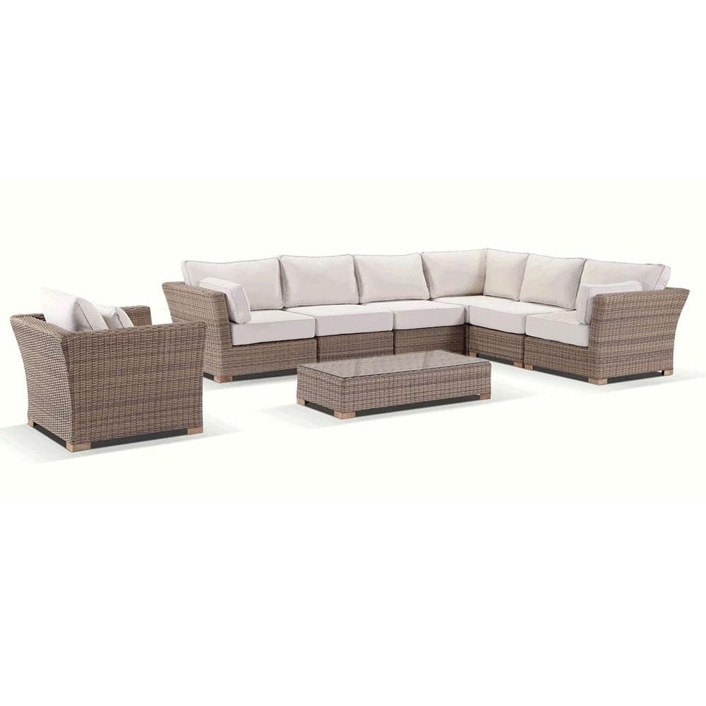 "Coral" Hamptons Style Outdoor Wicker Corner Modular Lounge Setting with Armchair & Coffee Table, Wheat with Cream Cushions - Image 4