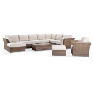 wp-image-tigress-41539.jpg "Coral" Hamptons Style Outdoor Wicker Huge Corner Modular Lounge Setting with Chaise & Coffee Table, Wheat with Cream Cushions