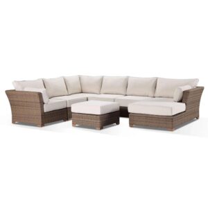 wp-image-tigress-41545.jpg "Coral" Hamptons Style Outdoor Wicker Corner Modular Lounge Setting with Chaise & Coffee Table, Wheat with Cream Cushions