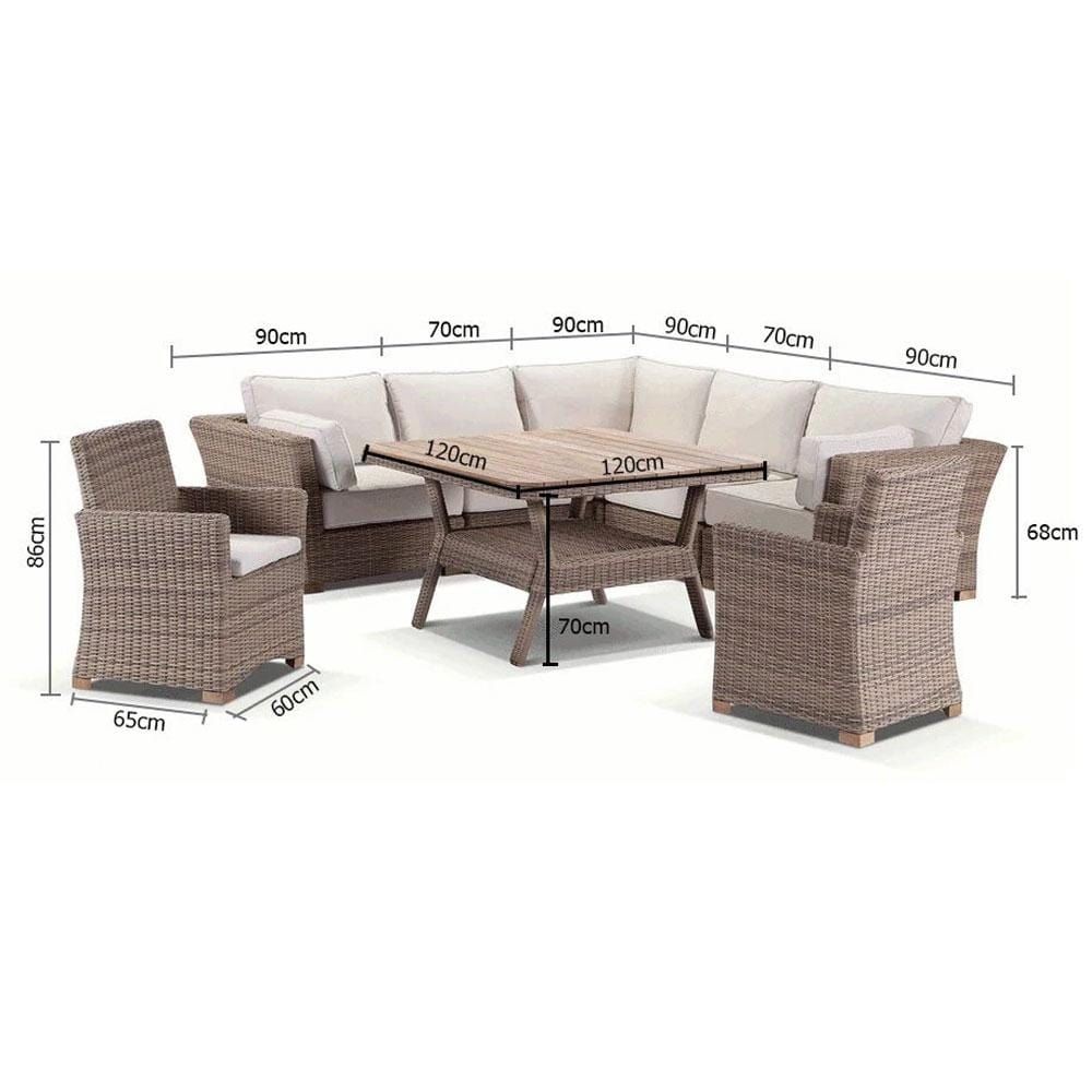 "Coral" Hamptons Style Outdoor Wicker Corner Modular Lounge Setting with Dining Table & 2 Armchairs, Wheat with Cream Cushions - Image 2