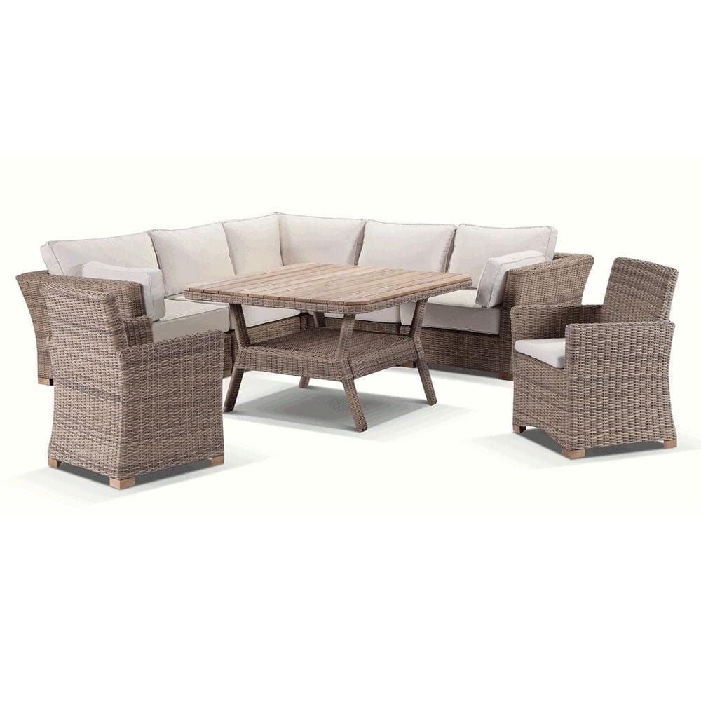 "Coral" Hamptons Style Outdoor Wicker Corner Modular Lounge Setting with Dining Table & 2 Armchairs, Wheat with Cream Cushions - Image 4