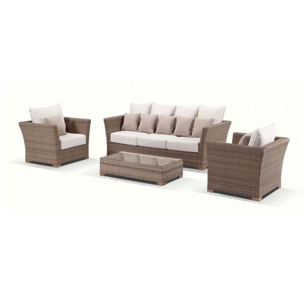 "Coral" Hamptons Style Outdoor Wicker 3 Seater Sofa Lounge Setting with 2 x Armchairs & Coffee Table, Wheat with Cream Cushions - Image 2