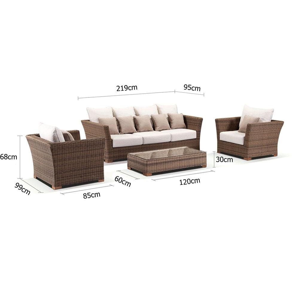 "Coral" Hamptons Style Outdoor Wicker 3 Seater Sofa Lounge Setting with 2 x Armchairs & Coffee Table, Wheat with Cream Cushions - Image 3
