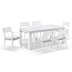 "Hawaii" Hamptons Style Aluminium 1.8m Dining Table with 6 Hawaii Chairs, White with Grey Cushions