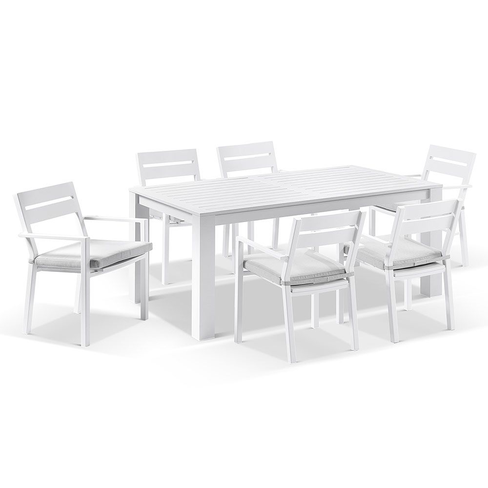 "Hawaii" Hamptons Style Aluminium 1.8m Dining Table with 6 Hawaii Chairs, White with Grey Cushions