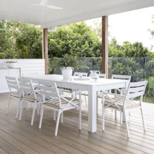 "Hawaii" Hamptons Style Aluminium 2.5m Dining Table with 8 Montego Bay Chairs, White with Sunbrella Beige & White Stripe Cushions