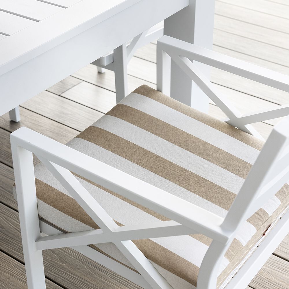 "Hawaii" Hamptons Style Aluminium 2.5m Dining Table with 8 Montego Bay Chairs, White with Sunbrella Beige & White Stripe Cushions - Image 2