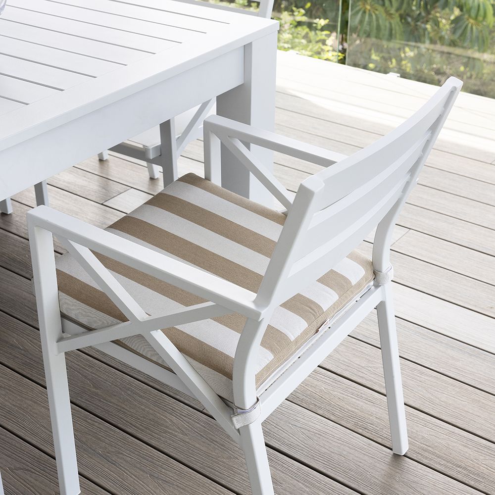 "Hawaii" Hamptons Style Aluminium 2.5m Dining Table with 8 Montego Bay Chairs, White with Sunbrella Beige & White Stripe Cushions - Image 3