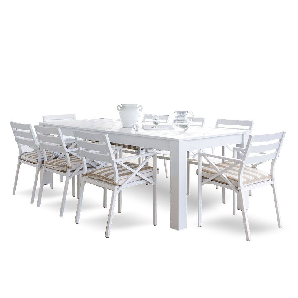 "Hawaii" Hamptons Style Aluminium 2.5m Dining Table with 8 Montego Bay Chairs, White with Sunbrella Beige & White Stripe Cushions - Image 4