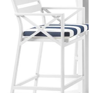 "Montego Bay" Hamptons Style Outdoor Aluminium Bar Stool, White with Navy & White Cushions