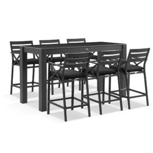 "Montego Bay" Hamptons Style Outdoor Charcoal Aluminium Bar Setting 2m Ceramic Top, 6 x Montego Bay Bar Stools with Dark Grey Cushions (RRP $4190)