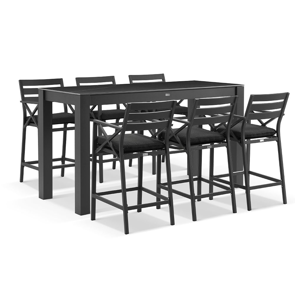 "Montego Bay" Hamptons Style Outdoor Charcoal Aluminium Bar Setting 2m Ceramic Top, 6 x Montego Bay Bar Stools with Dark Grey Cushions (RRP $4190)