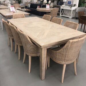 wp-image-tigress-41959.jpg "Hayman" Resort Style Hardwood Timber Parquetry Dining Package, Beachwhite 220x110cm + 8 x Coral Bay Chairs in Whitewash, Whitewash Legs (RRP $5999)