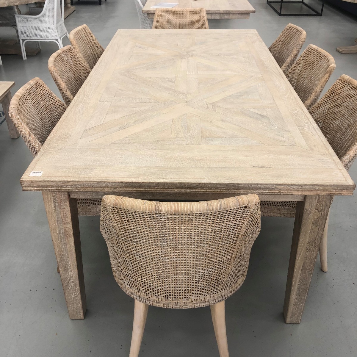 "Hayman" Resort Style Hardwood Timber Parquetry Dining Package, Beachwhite 220x110cm + 8 x Coral Bay Chairs in Whitewash, Whitewash Legs (RRP $5999) - Image 2