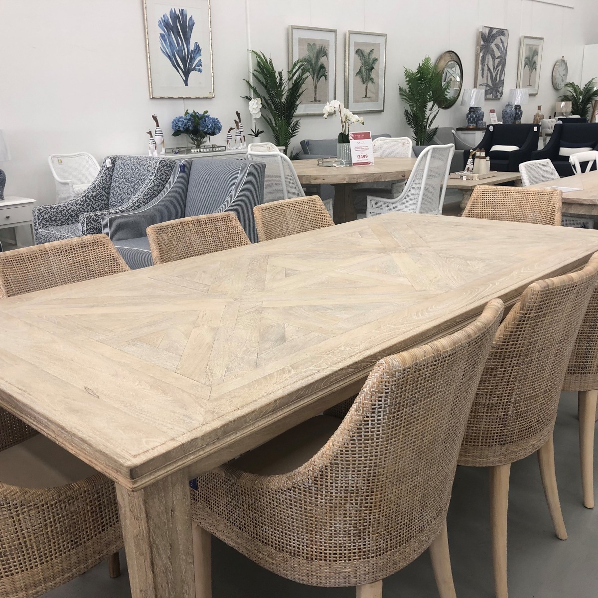 "Hayman" Resort Style Hardwood Timber Parquetry Dining Package, Beachwhite 220x110cm + 8 x Coral Bay Chairs in Whitewash, Whitewash Legs (RRP $5999) - Image 3