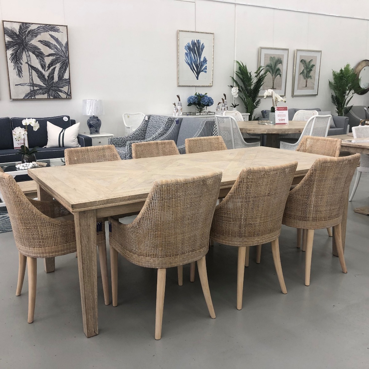 "Hayman" Resort Style Hardwood Timber Parquetry Dining Package, Beachwhite 220x110cm + 8 x Coral Bay Chairs in Whitewash, Whitewash Legs (RRP $5999) - Image 4