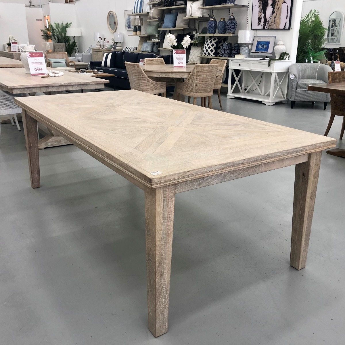 "Hayman" Resort Style Hardwood Timber Parquetry Dining Table, Beachwhite Finish, 220x110x77cm (RRP $2999) - Image 2