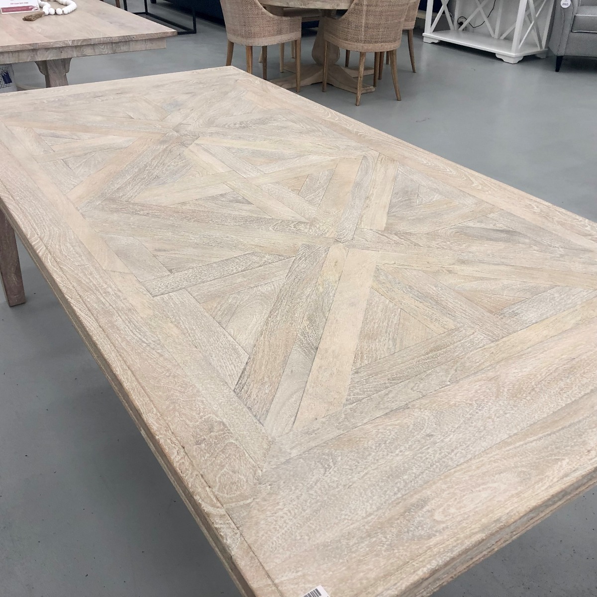 "Hayman" Resort Style Hardwood Timber Parquetry Dining Table, Beachwhite Finish, 220x110x77cm (RRP $2999) - Image 3