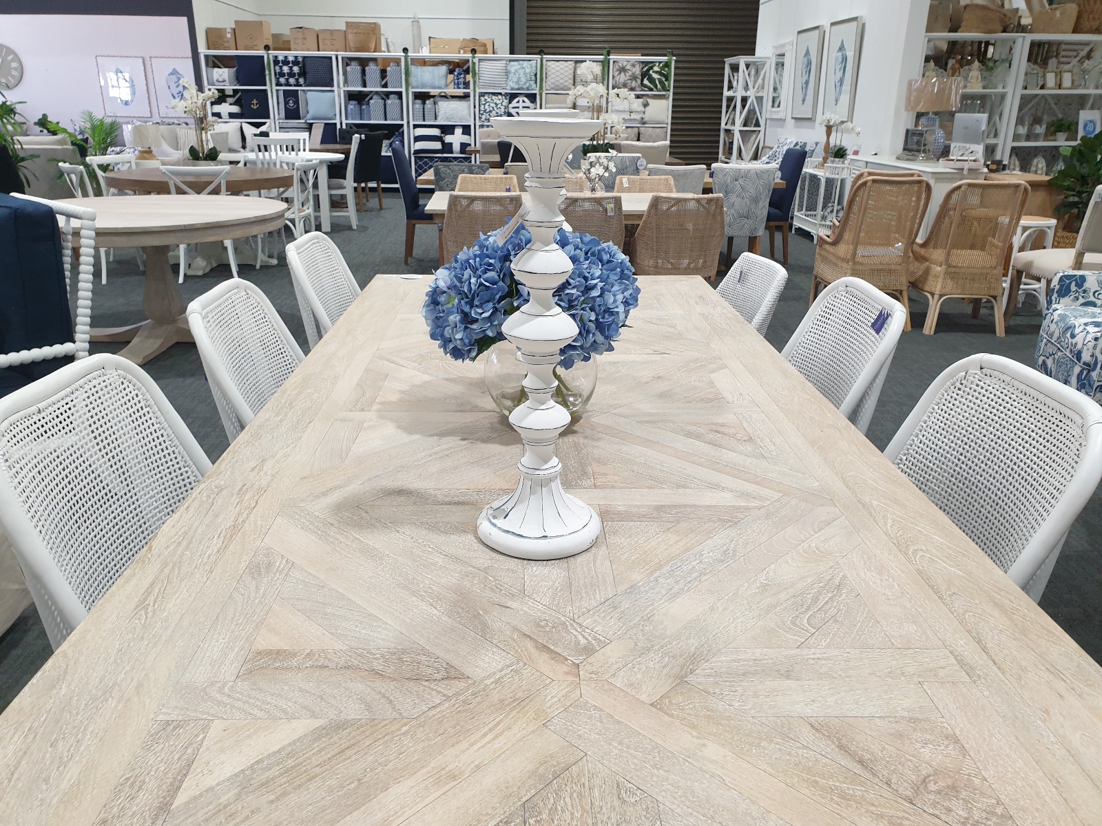 "Whitsunday" Hamptons Style Hardwood Timber Parquetry Dining Table with Pedestal Base, Beachwhite Finish, 300x120x77cm (RRP $4999) - Image 2