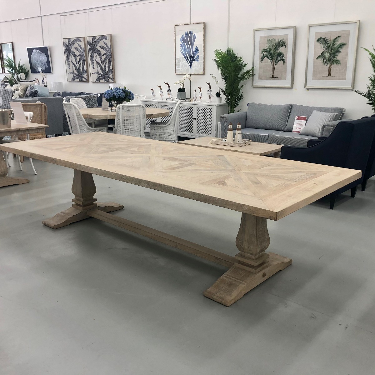 "Whitsunday" Hamptons Style Hardwood Timber Parquetry Dining Table Pedestal Base, Beachwhite Finish, 300x120x77cm (RRP $4999)