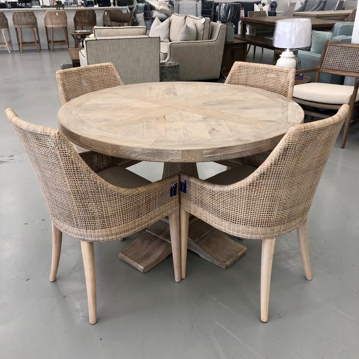"Whitsunday" Hamptons Style Parquetry Hardwood Timber 120cm Round Dining Package with 4 x Coral Bay Chairs (RRP $3499) - Image 3