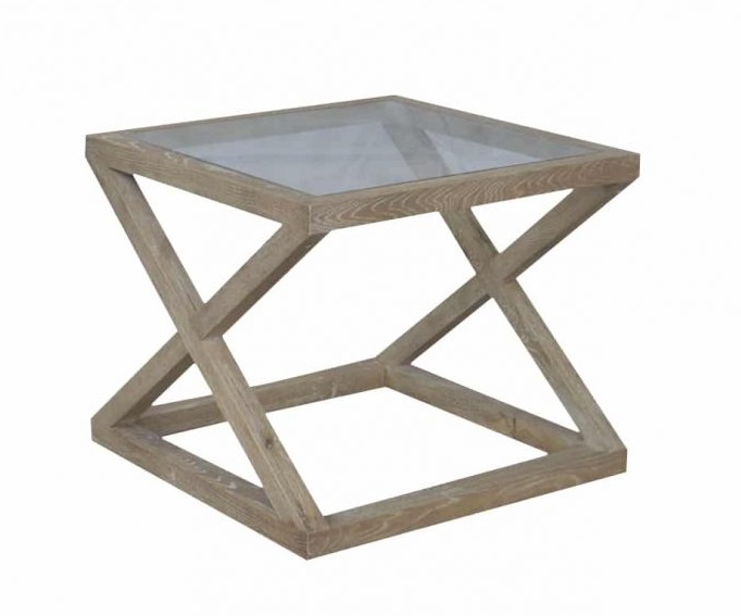 "Mirage" Hamptons Style Solid Oak Timber Glass Top Side Table, Whitewashed Oak (RRP $799)